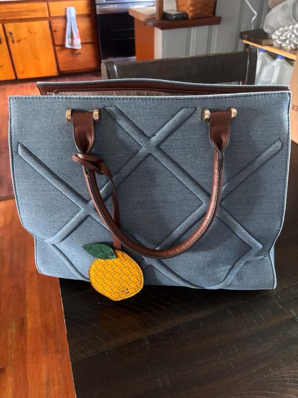 Cato Established 1948 Denim Tote Bag with Brown Trim and Lemon Charm